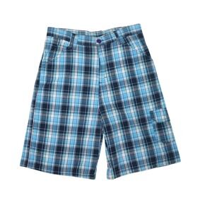 Boys Plaid Cargo Shorts Size 16/18 Blue Green Cotton Casual